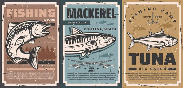 Rybářský tábor a rybářská výbava skladují vektorové retro plakáty. Rybářské pruty a návnady háky na říční štiku, tuňáka a mořského makrely velké ryby úlovek - Vektor, obrázek