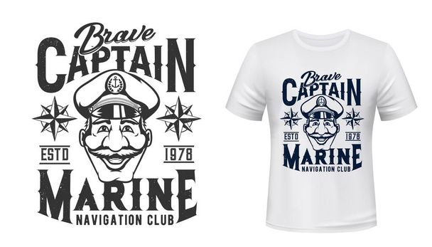 Marine T-Shirt-Print, Kapitän mit Hut mit Anker, Vector Grunge-Vorlage-Attrappe marineblaue. See- und Ozeanschiff und Seefahrt-Clubschild mit blauem Grunge-Kompass oder Windrose-Emblem - Vektor, Bild
