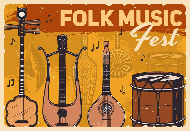 Folk Music Fest, vektori retro vintage juliste soittimia. Live folk konsertti lyömäsoittimet rummut ja japanilainen shaminen, Kreikan sitar ja bandura, lyre ja Aasian dombra
 - Vektori, kuva