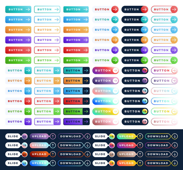 Colorful vector button set on white background. Three style Flat line gradient slide button collection with text and arrow. Vector web element. Round, square and rectangle shapes - Vector, Image