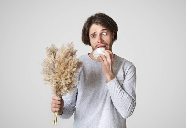 Man with napkin, horrified looks on plant - Fotografie, Obrázek