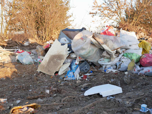 rozrzucone śmieci w naturze. Góra śmieci zanieczyszczająca naturę. MOSCOW, RUSSIA - MAJ 10, 2020 / - Zdjęcie, obraz