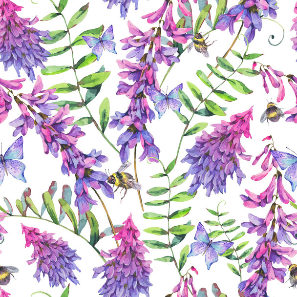 Watercolor summer meadow seamless pattern of violet wildflowers. Botanical texture on white background, natural flowers wallpaper. Medicinal flowers collection - Photo, Image
