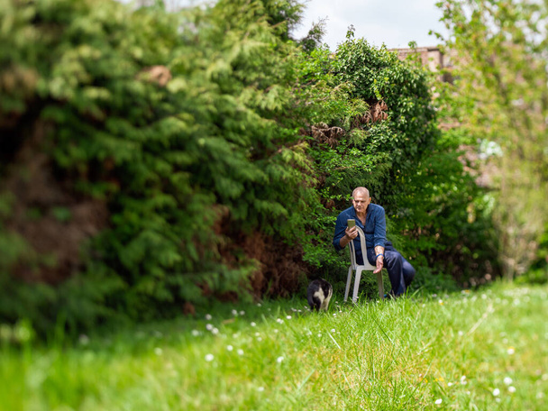 senior muž sedí v bílém křesle v krásné zahradě - Fotografie, Obrázek