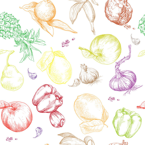 Απρόσκοπτη μοτίβο με χέρι σχέδιο σκίτσο φρούτα, λαχανικά. Διάνυσμα πολύχρωμη εικόνα απομονώνονται σε λευκό φόντο. Διακόσμηση σπιτιού. Vintage εικονίδια που. Εικονογράφηση αρχείου για την τέχνη και το σχεδιασμό - Διάνυσμα, εικόνα