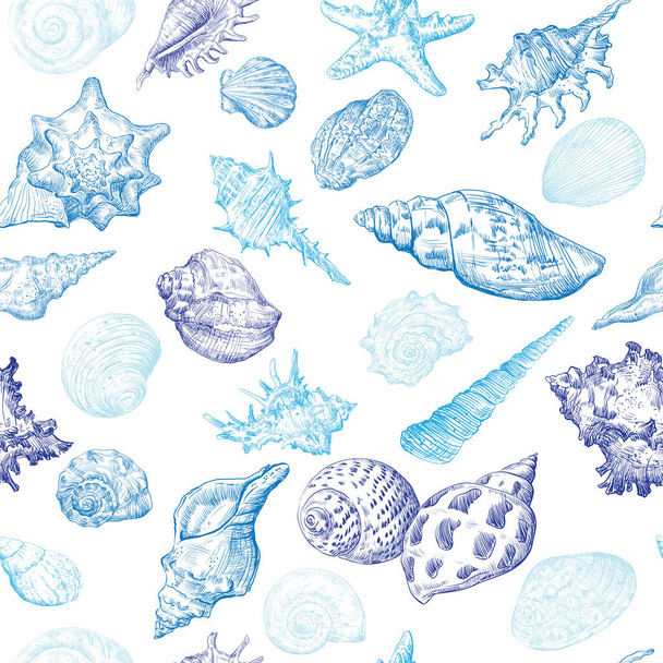 Zökkenőmentes minta kézi rajz vázlat kagylók. Vektor illusztráció kagylók kék színű elszigetelt fehér háttér. Design utazás nyári vintage minta. Készletillusztráció művészet és design számára - Vektor, kép