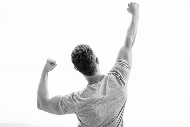 Achieve main goal. muscular back man isolated on white. man look emotional successful celebrate victory. after great deal. Business sport success. winning lottery. Wealthy handsome. Success achieved - Foto, Imagen