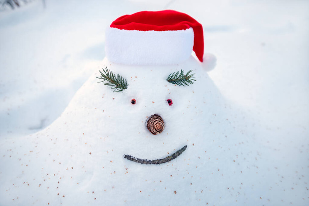Χαρούμενη χιονοστιβάδα, χιονάνθρωπε, σε χριστουγεννιάτικο καπέλο, σε αναμονή για τις διακοπές των Χριστουγέννων σε ένα χιονισμένο δάσος χειμώνα. - Φωτογραφία, εικόνα