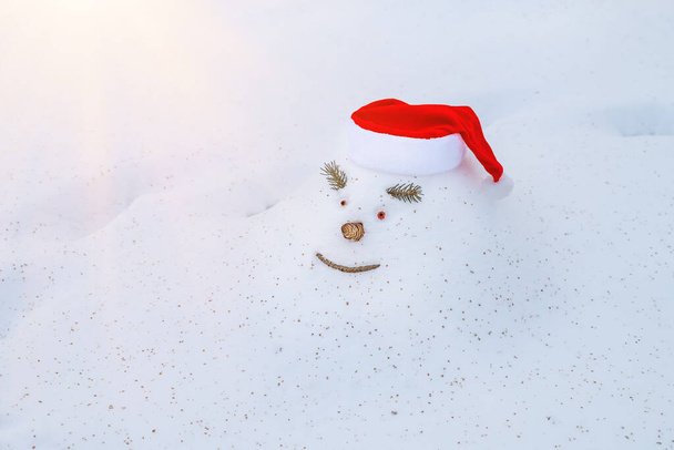 Vrolijke sneeuwdrift, sneeuwpop, in kerstmuts, in afwachting van de kerstvakantie in een besneeuwd winterbos. - Foto, afbeelding