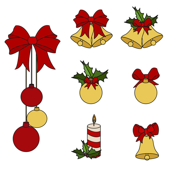 Набір різдвяних прикрас дзвін джинглів, різдвяні прикраси. Піктограма дзвонів Jingle. Векторні ілюстрації ізольовані на білому тлі. Сторінка веб-сайту та дизайн мобільних додатків
 - Вектор, зображення