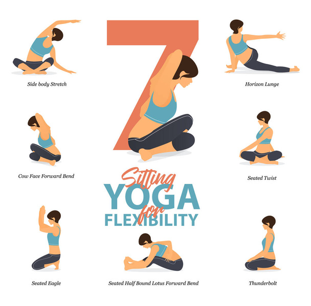 Infographic of 7 Sitting Yoga poses for Easy yoga at home in concept of flexibility in flat design. Beauty woman is doing exercise for body stretching. Set of yoga at home infographic . Yoga Cartoon Vector art and Illustration. - Vector, Image