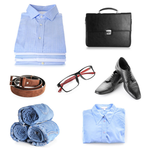 Set of man's clothes and accessories on white background - Foto, afbeelding