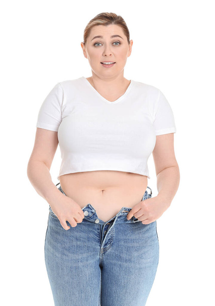 Overweight woman on white background. Weight loss concept - Foto, Imagen