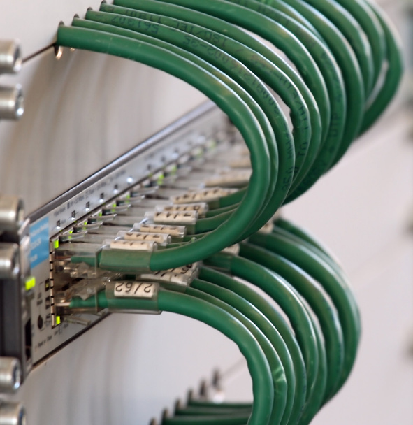 Detail des Anschlusses der grünen Netzwerkkabel in einer Firewall a - Foto, Bild