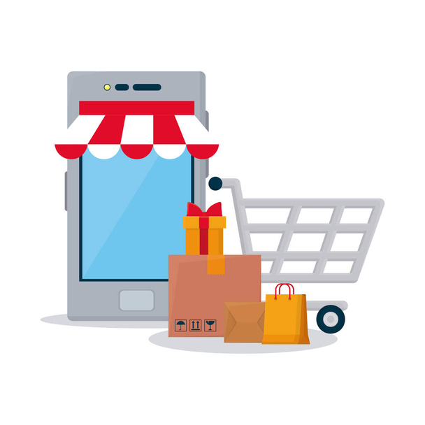 Online-Shopping-Konzept, Smartphone, Boxen und Warenkorb, buntes Design - Vektor, Bild