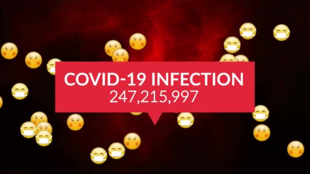 Animation of the words Covid-19 Infection with numbers growing written in white on red banner over a group of emojis flying, coronavirus Covid-19 spreading with red cloud of smoke in the background.  - 映像、動画