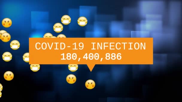 Animation of the words Covid-19 Infection with numbers growing written on yellow banner over a group of emojis flying, coronavirus Covid-19 spreading on blue background. - Filmagem, Vídeo