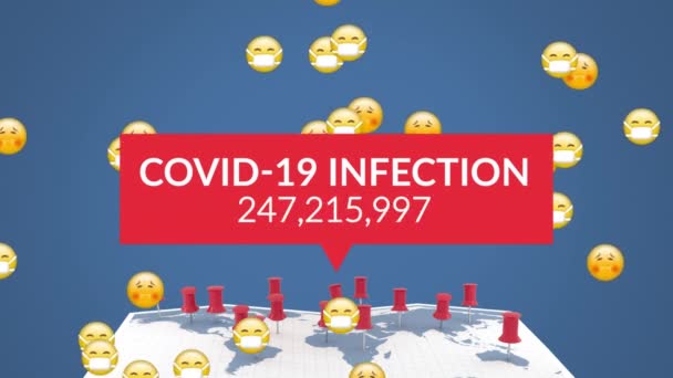 Animation of the words Covid-19 Infection with numbers growing written on red banner over a group of emojis flying, coronavirus Covid-19 spreading, world map with location pinson blue background.  - Imágenes, Vídeo
