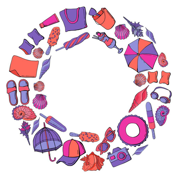 Summer accessories made in a circle. Cartoon style.Stock illustration. White background, isolate. - Vector, Image