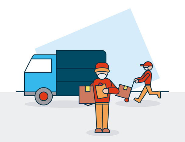 shopping online concept, delivery men with boxes and cargo truck, colorful design - Vector, Image