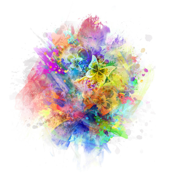 pintura colorida salpica ilustración digital con mariposas y flores
 - Foto, imagen