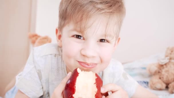 Gyönyörű gyerekfogak mosolyognak és almát esznek. Aranyos fiú nevető portré. Imádnivaló fiú a kamerába néz.. - Felvétel, videó