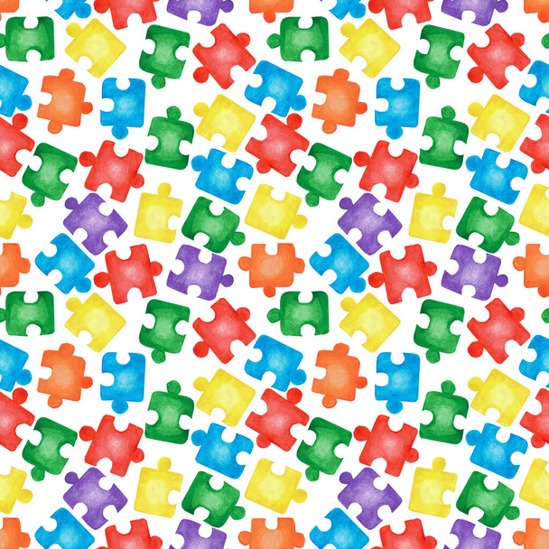 白の上にカラフルな分離ジグソーパズルとシンプルなシームレスなパターン。水彩画手描きイラストを漫画の写実的なスタイルで。子供ボードゲームのコンセプト、自閉症の日、チームビルディング - 写真・画像