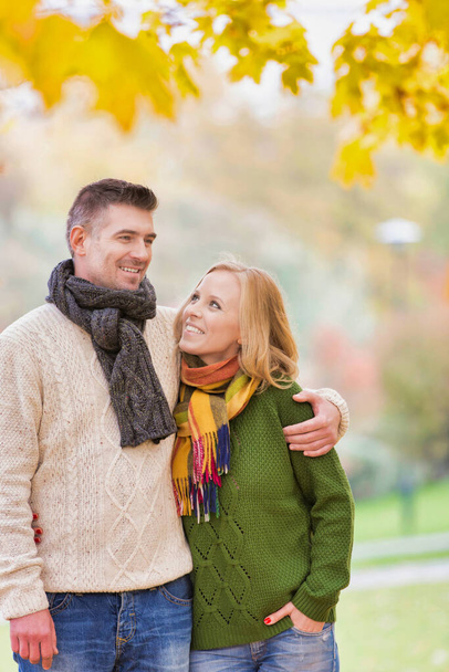 Retrato de pareja madura disfrutando del otoño mientras camina en el parque
 - Foto, imagen