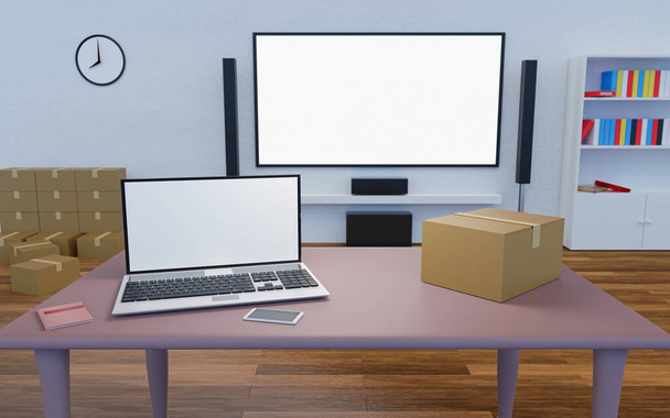 Arbeit von zu Hause aus und Online-Shopping-Konzept. Laptop mit leerem Bildschirm und Plasma-TV für Kopierraum. Viele Papierboxen für Online-Bestellungen vom Kunden. 3D-Rendering - Foto, Bild
