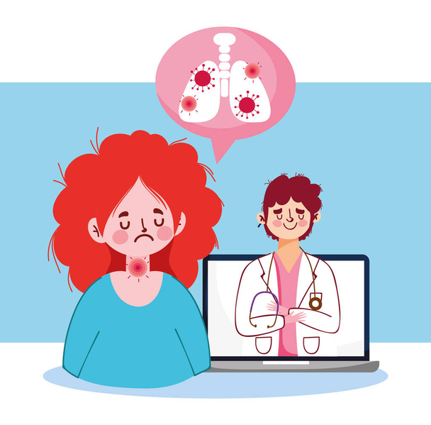 Γυναίκα με πονόλαιμο άνθρωπος γιατρός και laptop διανυσματικό σχεδιασμό - Διάνυσμα, εικόνα