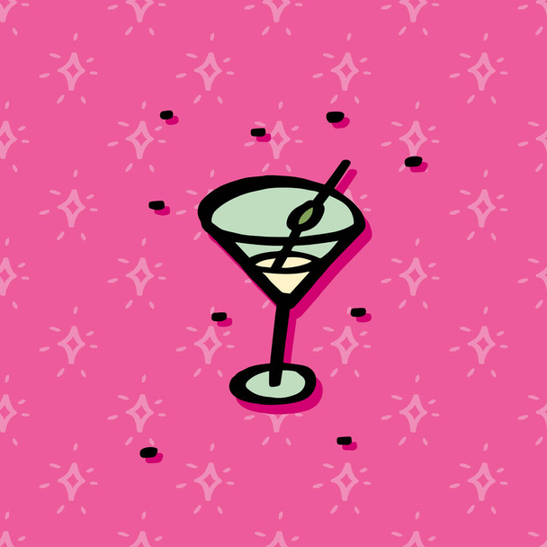 Vector illustration of martini glass illustration on bright background. Stars pattern. Hand drawn style - Διάνυσμα, εικόνα