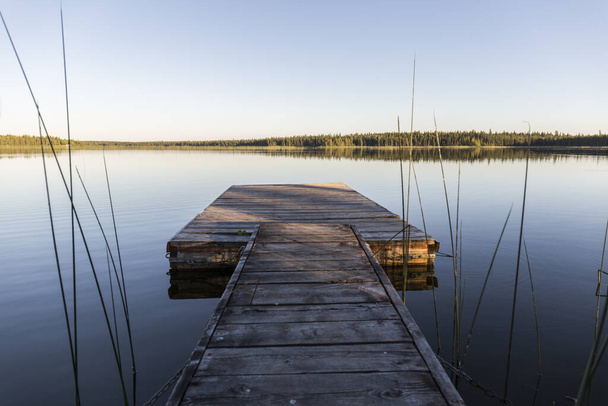 pontile di legno in un lago calmo che sembra uno specchio, sugli alberi di sfondo si riflettono, accanto al molo canne crescono
 - Foto, immagini