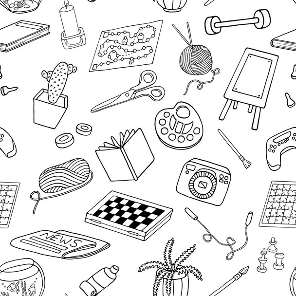 Schets doodle hobby 's naadloos patroon. Blijf thuis concept. Top tafel en video games, schilderen, lezen, sport, breien illustratie. Handgetekende vector textuur voor kleuren, banners, design - Vector, afbeelding