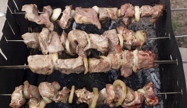 Kawałki mięsa z krążkami cebuli, które są umieszczone na szpikulec, kebab powoli pieczone w dymie w grillu. Rekreacja na świeżym powietrzu. - Zdjęcie, obraz