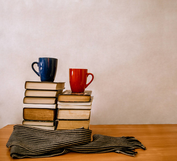 Bücherstapel, gestreifter Schal, zwei blaue und rote Tassen, weißer Hintergrund und Platz für Text - Foto, Bild