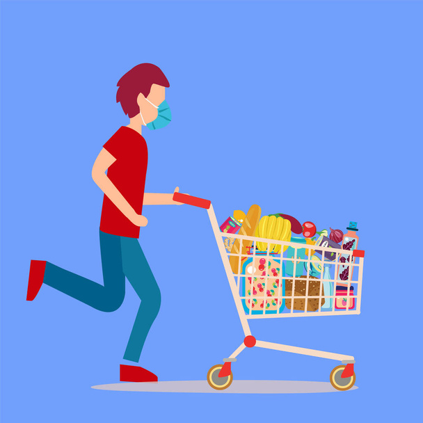 A Man wearing surgical mask pushing supermarket shopping cart full of groceries. Shopping cart full of groceries products.  - Vector, Imagen
