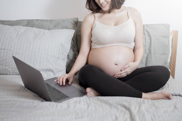  Beautiful asian pregnant woman is working with her laptop  - Photo, Image