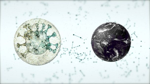 3d renderizado de planeta abstracto y célula de virus flotando lado a lado sobre fondo blanco
. - Foto, Imagen