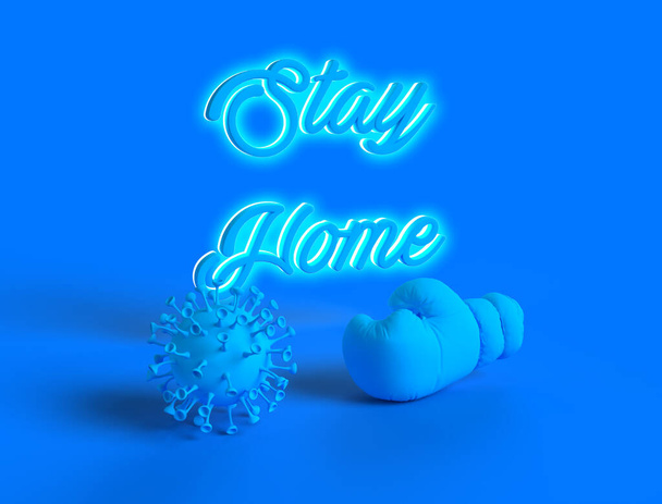 3d bleu scène abstraite de gant de boxe et coronavirus covid19 rendu avec 3d rester à la maison texte
 - Photo, image