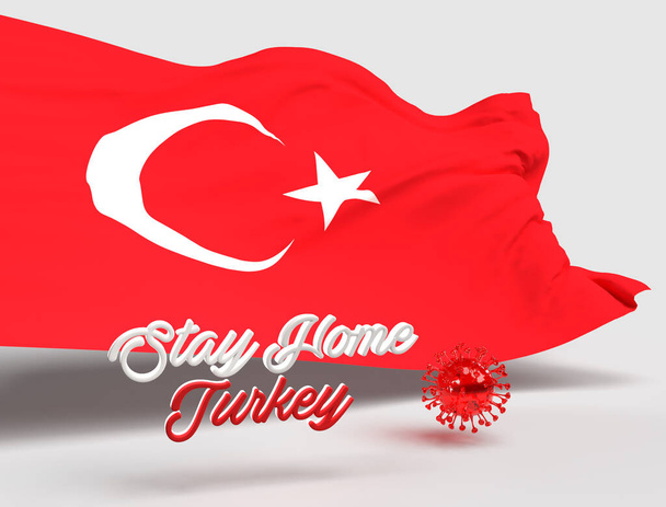 3D background design render of Stay home Turkey text with Turkish flag and 3d covid19 coronavirus - Φωτογραφία, εικόνα