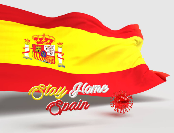 İspanyol bayrağı ve 3D covid19 coronavirus içeren Stay Home İspanya metninin 3d arkaplan tasarımı - Fotoğraf, Görsel
