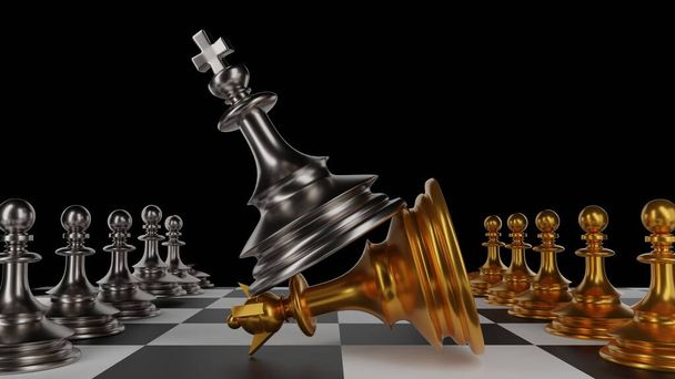 Ο βασιλιάς στη μάχη παιχνίδι σκάκι σταθεί σε σκακιέρα με μαύρο απομονωμένο φόντο. Έννοια επιχειρηματική στρατηγική, σχεδιασμό και απόφαση. 3d απόδοση. - Φωτογραφία, εικόνα