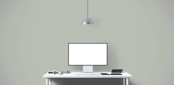 Novo monitor de computador e ferramentas de escritório na mesa. Tela de computador desktop em branco. Fundo de espaço de trabalho criativo moderno. Vista frontal
. - Foto, Imagem
