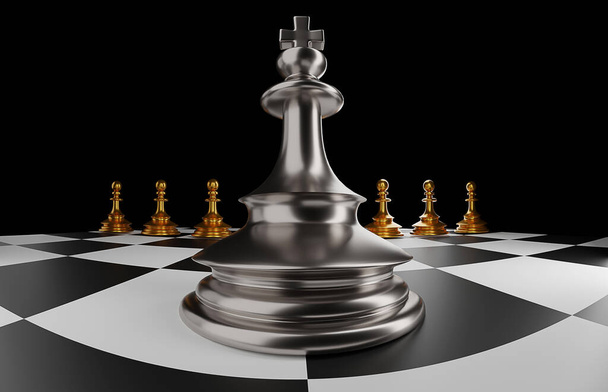 Král v bitvě šachy stojí na šachovnici s černým izolovaným pozadím. Pojetí podnikání - Fotografie, Obrázek