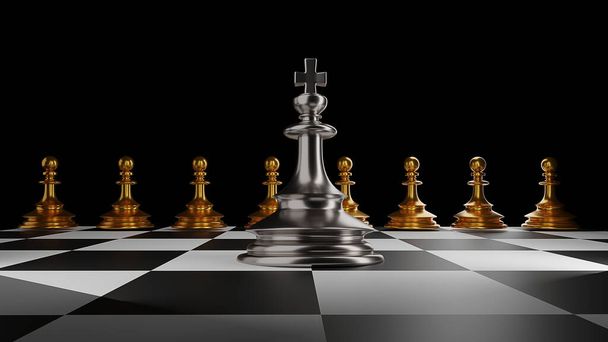 The King in battle chess game stand on chessboard with black isolated background. Concept business - Photo, Image