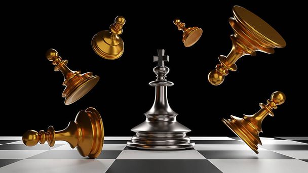 De Koning in de strijd schaakspel staan op schaakbord met zwarte geïsoleerde achtergrond. Conceptzaken - Foto, afbeelding