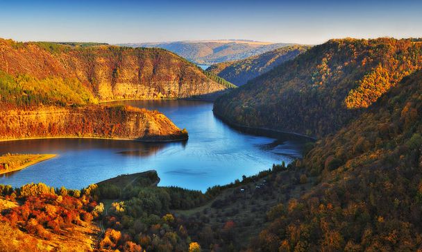 Picturesque Dniester River. Autumn sunset over river canyon - Photo, Image
