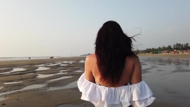 日没のビーチを歩く女性。休日のコンセプト夏. - 映像、動画