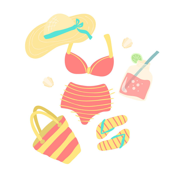 Summer illustration of hat, swimsuit, cocktail and bag, colorful flat vector illustration isolated on white background - Vector, Image