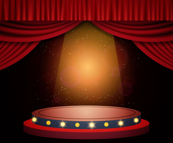 Background with red curtain, podium and spotlights. Design for presentation, concert, show. Vector illustration - Vettoriali, immagini